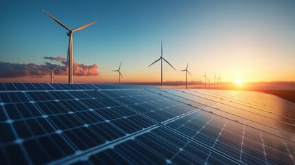 Harnessing renewable energy wind turbines and solar panels at dusk sustainable energy landscape scenic viewpoint
