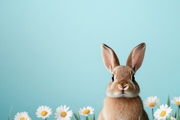 Fototapeta premium easter bunny card, easter card featuring a bunny in a meadow with daisies and a blue sky perfect for your greetings