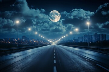 The empty asphalt road runs through the city, illuminated by street lamps on both sides. An oversized full moon hangs in the sky above. The clouds cover most of the sky at night, creating a dark atmos