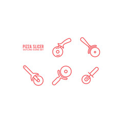 Pizza cutter knife icons set steel kitchenware silver cooking equipment in flat style. Kitchen cutter icon for pizza sharp blade cook isolated on white background.