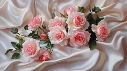 Obraz premium A collection of soft pink roses arranged delicately on smooth satin fabric, showcasing their romantic elegance and gentle, natural beauty. .