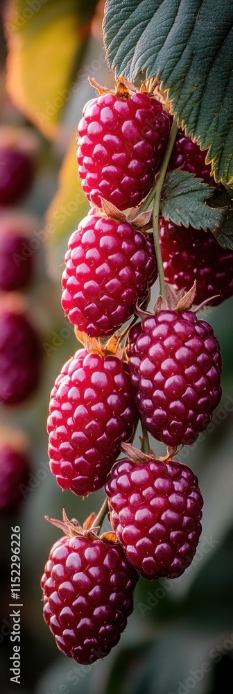 Poster cluster of ripe red raspberries on a branch.