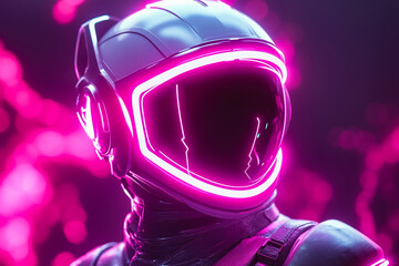 A man in a space suit with a pink light on his face