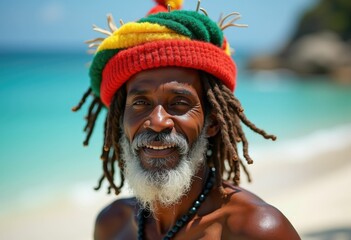 A smiling man with dreadlocks and a Rastafarian hat.