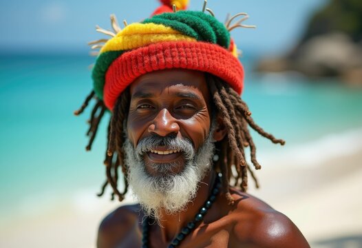 A smiling man with dreadlocks and a Rastafarian hat. - Powered by Adobe