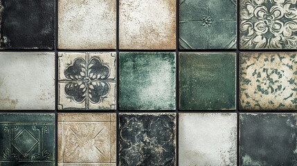 Unique collection of vintage tiles arranged in a pattern showcasing intricate designs and textures