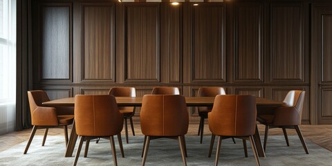 Modern Boardroom Interior with Wood Paneling and Leather Chairs