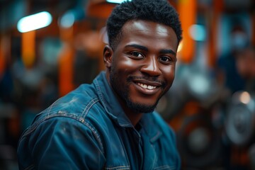Fototapeta premium A smiling young man dressed in denim, radiating confidence in a vibrant workshop environment.