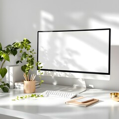 A mockup of a computer with a blank white desktop screen