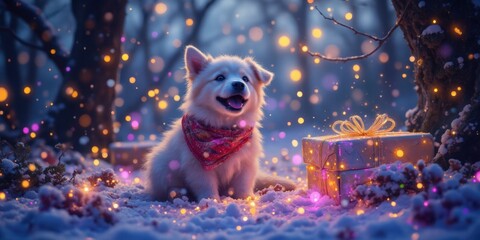 Playful puppy in winter wonderland scene