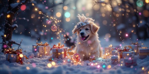 Festive dog in snowy wonderland holiday scene