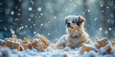 Playful dog in snow winter wonderland photo