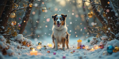 Happy dog in snowy winter wonderland