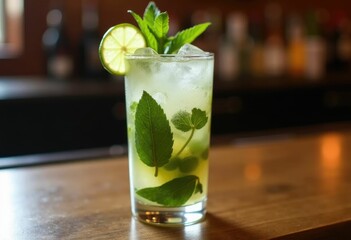 A refreshing mojito cocktail with lime  mint  and ice.