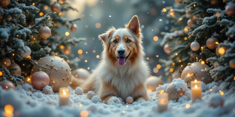 Festive dog in snowy forest winter scene