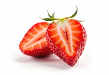 Two halved strawberries with green leaves on a white background.