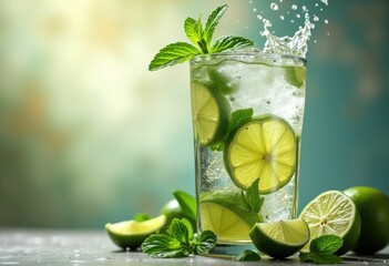 Fototapeta premium A refreshing glass of lime and mint drink with ice and lime wedges.