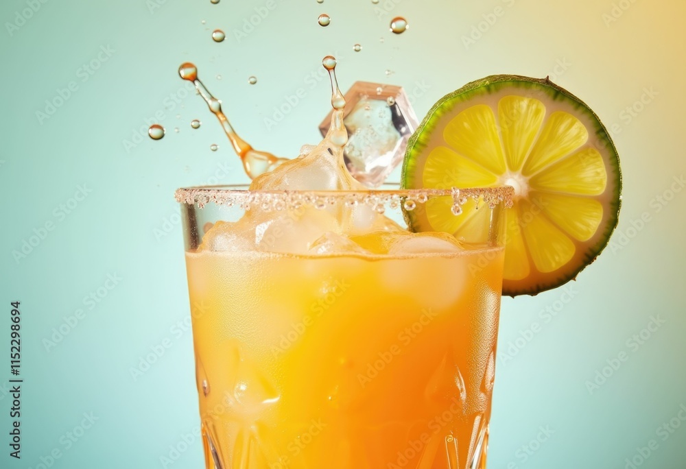 Poster a glass of orange juice with ice and a lime wedge splashing as it is poured.
