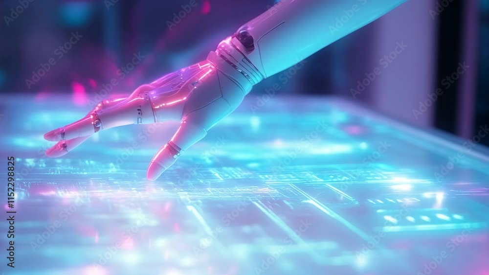 Poster ethereal glowing robotic hand interacting with digital surface. futuristic cybernetic technology in 