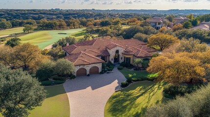 Aerial view of a luxurious home surrounded by lush landscaping and golf course scenery.