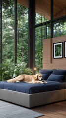 A golden retriever lies comfortably on a navy blue bed in a contemporary bedroom featuring large glass windows and vibrant indoor plants creating a serene atmosphere