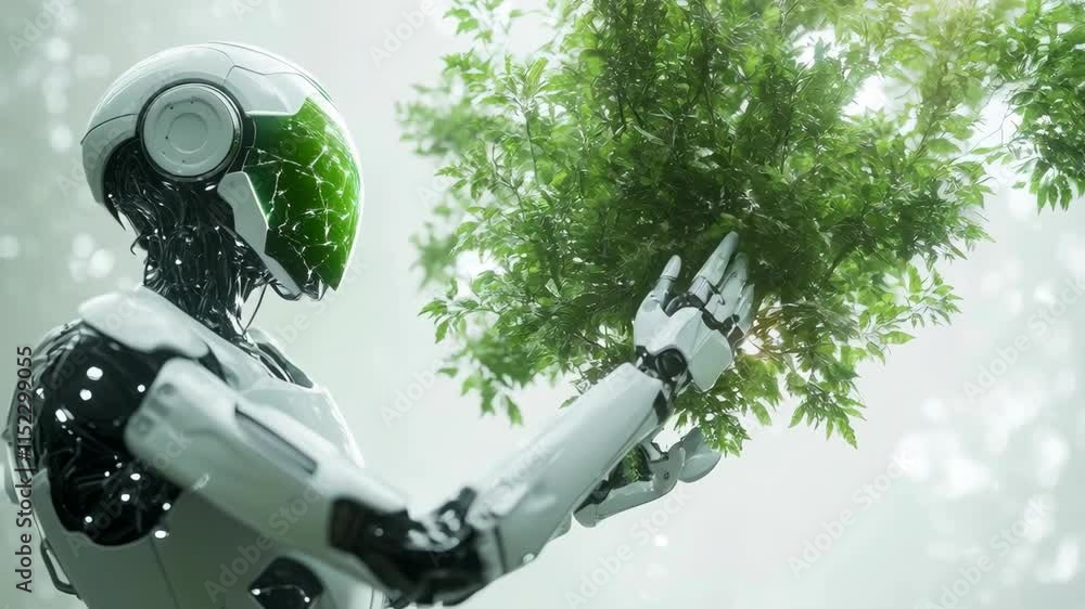 Aufkleber futuristic robot with green nature element. artificial intelligence and environmental technology con