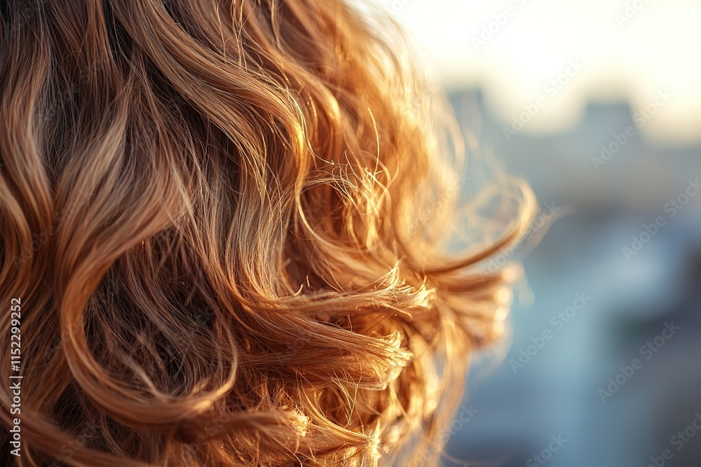 Poster close-up of textured curls styled with matte finish under diffused natural light with blurred urban background