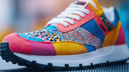 Colorful sneaker design showcased outdoors in a vibrant urban setting during daylight
