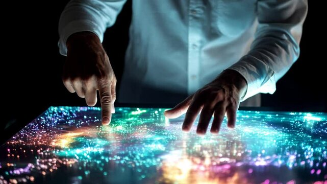 Hands interacting with illuminated touch screen displaying colorful abstract lights. Studio photography of innovative technology interface. Futuristic user experience concept.