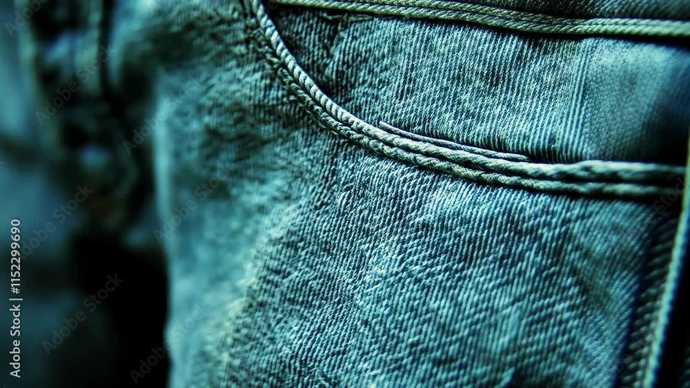 Poster close-up view of denim fabric showcasing texture and stitching details under soft lighting condition
