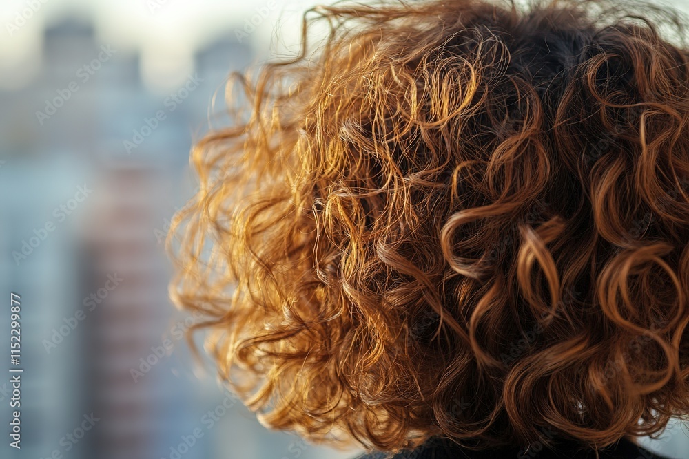 Poster close-up of textured curls styled with matte finish under diffused natural light with blurred urban 