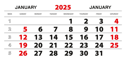 Wall calendar 2025 for january, week start from sunday.