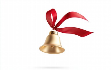A gold bell-shaped Christmas ornament floating mid-air with a red ribbon, isolated on a bright white background