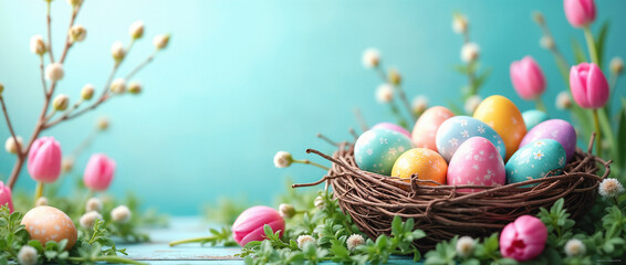 A festive arrangement of vibrant Easter eggs in a nest, surrounded by tulips and fresh spring blossoms, set against a cheerful and bright background, capturing the essence of Easter and spring celebra