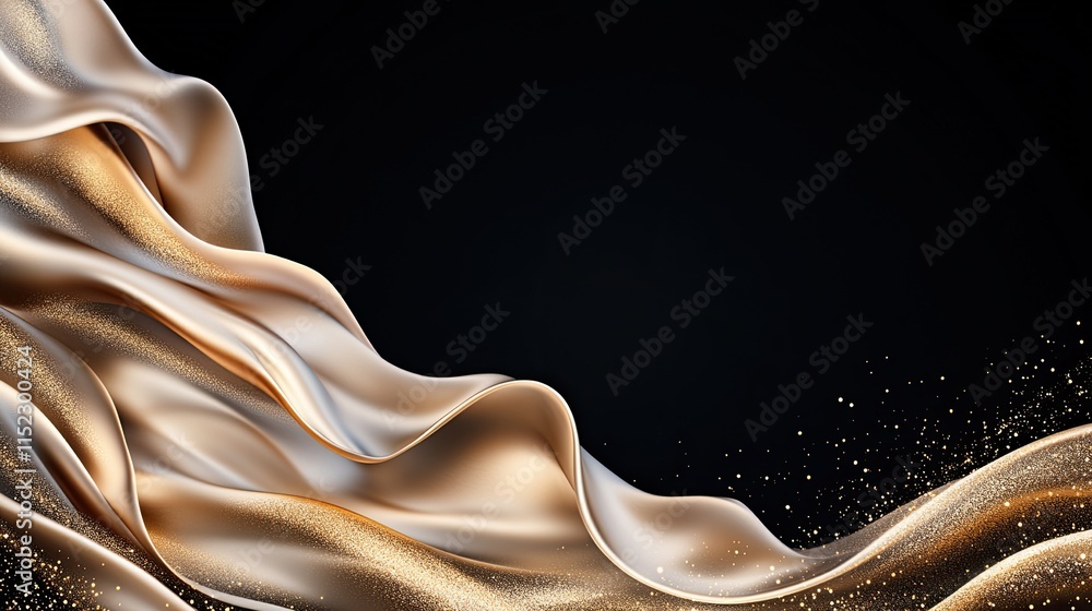 Poster flowing gold waves on a black background create a luxurious design element, enhanced by shimmering p