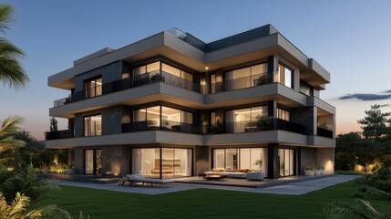 Obraz premium A contemporary multi-story house featuring large windows and balconies, set in a lush green landscape during twilight with a tranquil outdoor area