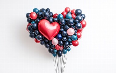 A heart-shaped balloon bouquet, hovering mid-air against a white background for Valentines Day
