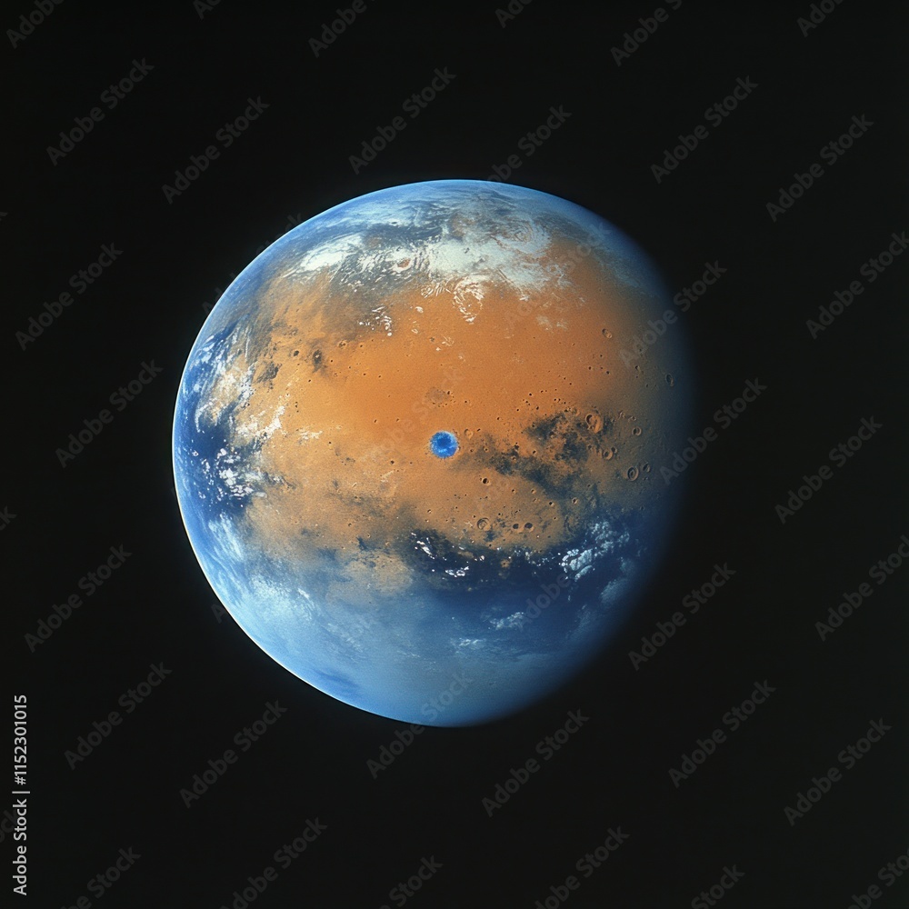 Poster mars, a terrestrial planet with a thin atmosphere, showing surface features and a hypothetical water