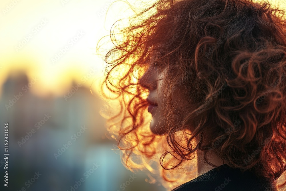 Poster close-up of textured curls styled with matte finish under diffused natural light with blurred urban 