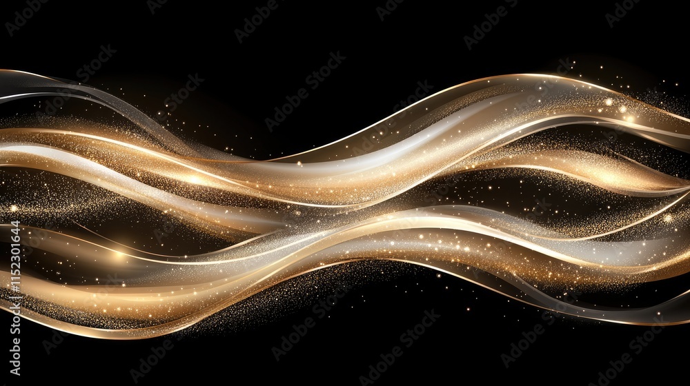Poster flowing gold waves on a black background create a luxurious design element, enhanced by shimmering p