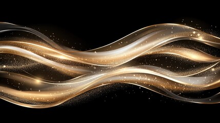 Flowing gold waves on a black background create a luxurious design element, enhanced by shimmering particles and space for text