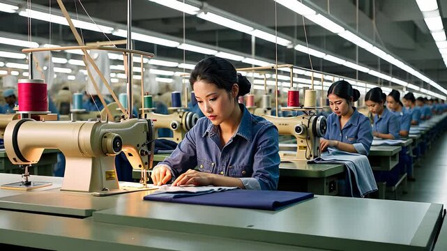 Textile Factory with Workers Operating Sewing Machines in a Bright, Organized Production Line

