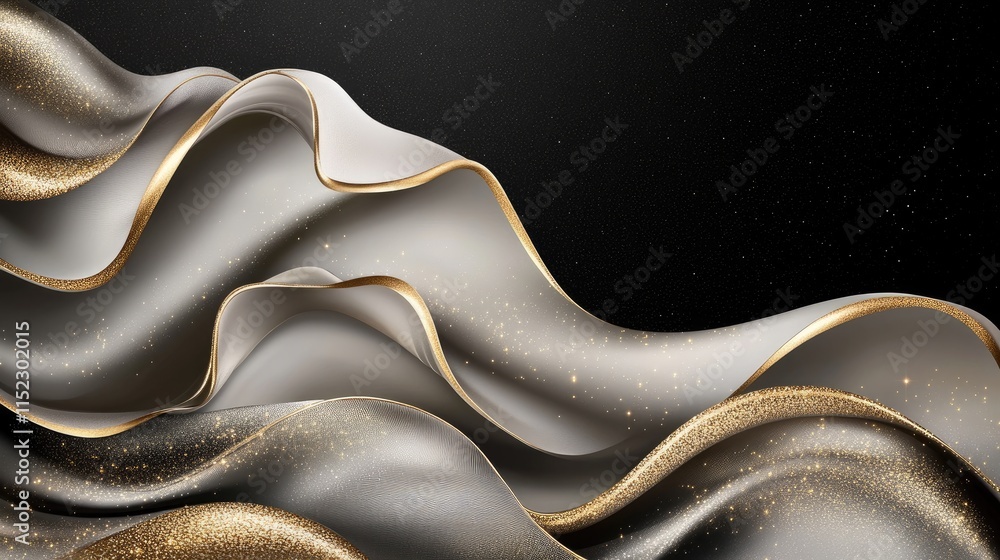 Aufkleber flowing gold waves on a black background create a luxurious design element, enhanced by shimmering p