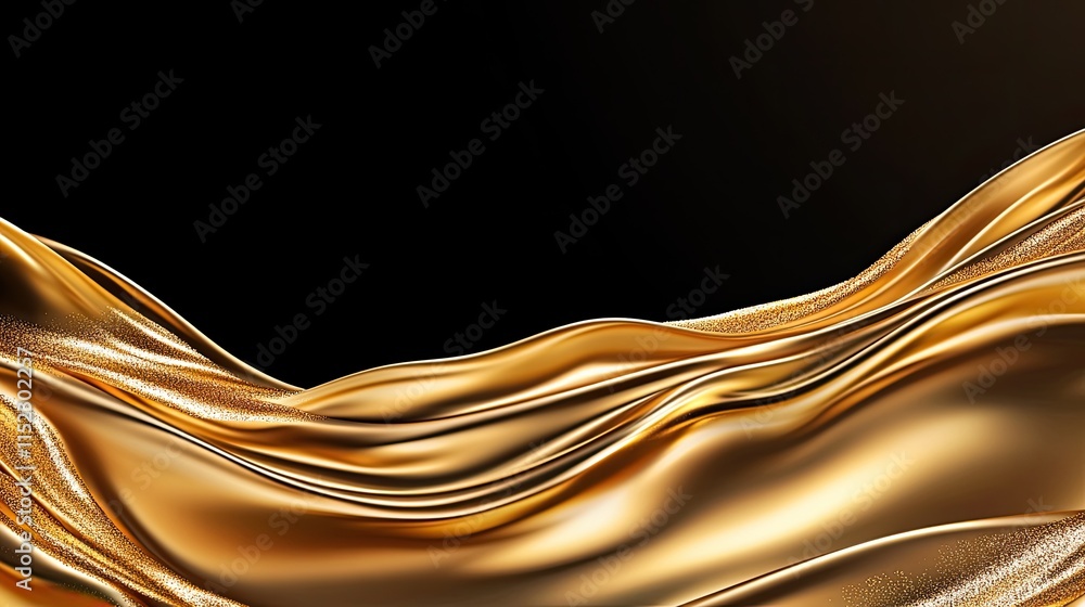 Poster flowing gold waves on a black background create a luxurious design element, enhanced by shimmering p