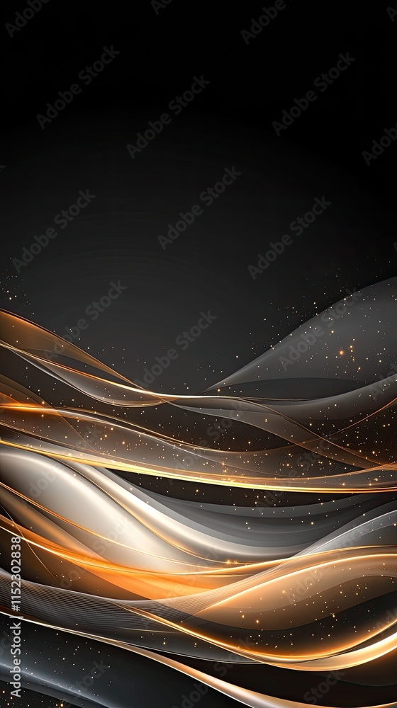 Poster flowing gold waves on a black background create a luxurious design element, enhanced by shimmering p