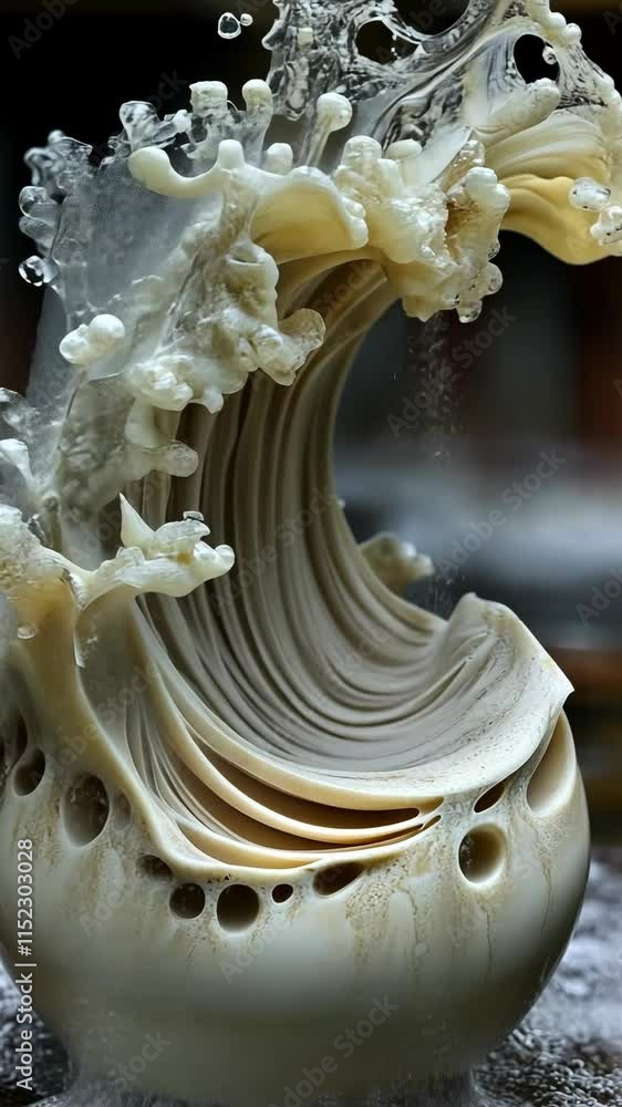 Poster intricate sculpture resembling a wave, showcasing fluid textures and dynamic movement in a creative 