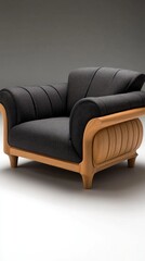 Fototapeta premium A comfortable modern armchair sits in a well-lit living room with large windows, featuring wooden accents and a decorative pillow, creating a warm and inviting space