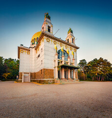 Majestic evening view of Kirche am Steinhof, also called the Church of St. Leopold, is the Roman...