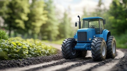Obraz premium Blue Tractor on Farm Road with Green Background