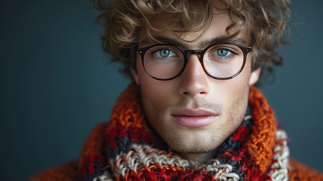 A young male model in a cozy knit sweater and trendy glasses, representing the smart casual look of a designer's autumn collection